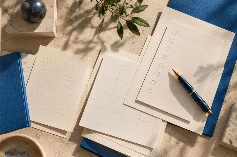 Neatly arranged papers with a blue notebook and a pen