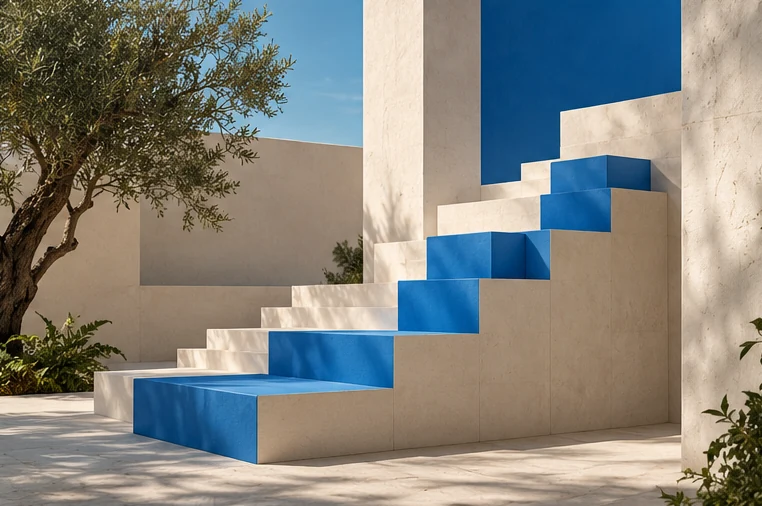Stepped stone structure with striking cobalt blue stair treads