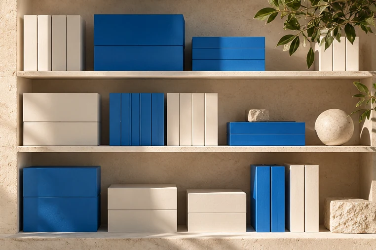 Architectural shelving holding a library of blue and cream reference materials