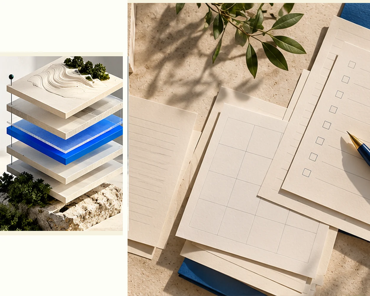 A calm architectural study of layered papers and structured forms