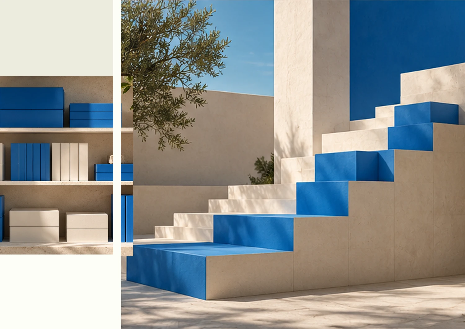 Sunlit architectural steps and modular learning materials